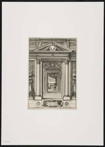 Wall decoration with pediment, columns, Corinthian capitals, friezes with leaf motifs and putti above a portal.