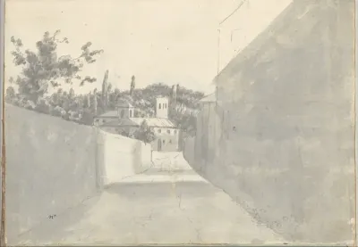 Walled street and distant villa at Rome (Smaller Italian sketchbook, leaf 7 recto)