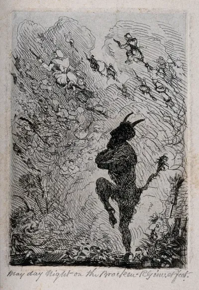 Walpurgisnacht: a devil sees witches on broomsticks setting off into the night