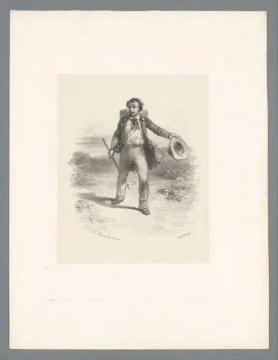 Wandelaar met rugzak en hoed in de hand in vlak landschap