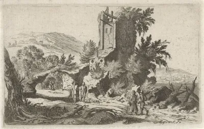 Wandelaars bij een ruïne