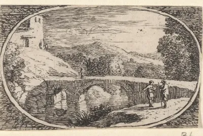 Wandelaars bij een stenen brug