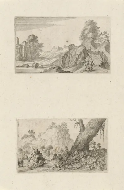 Wandelaars in een heuvellandschap en herdersjongen
