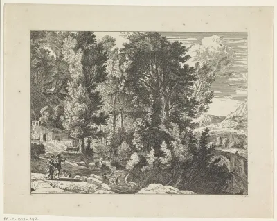 Wandelaars in een landschap met bos en bergen