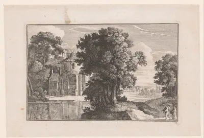Wandelaars in een landschap met links een huis aan het water