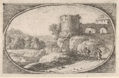 Wandelend gezin bij een ronde toren
