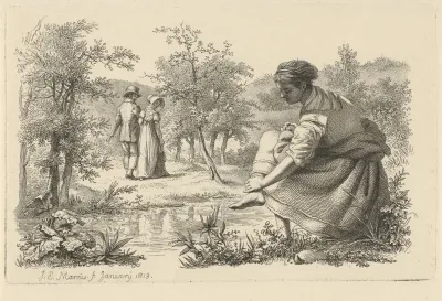 Wandelend paar en een meisje dat haar voeten wast
