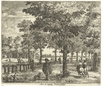 Wandelende figuren langs bomenrijen