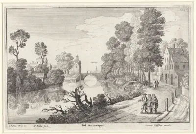 Wandelende figuren langs een rivier bij Antwerpen