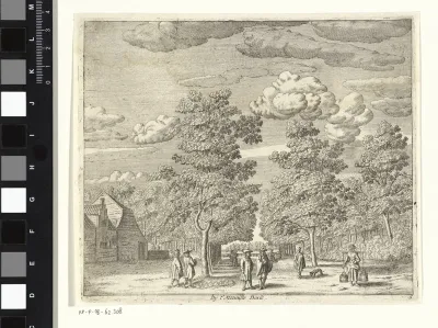 Wandelende figuren op een laan met bomen