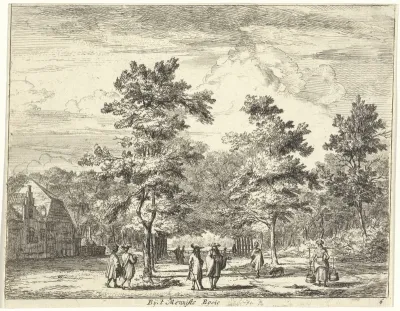 Wandelende figuren op een laan met bomen