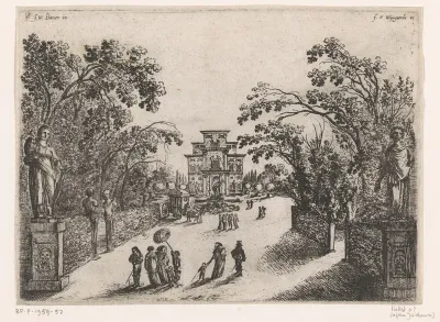 Wandelende mensen in een park, een landhuis in de achtergrond