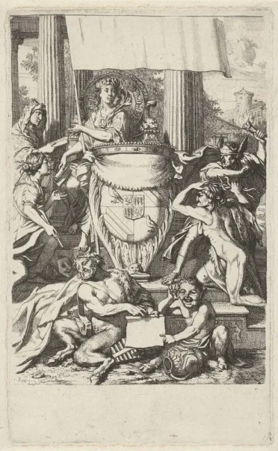 Wapen van de familie Geelvinck omgeven door allegorische figuren