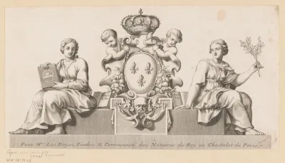 Wapen van de notarissen van het Châtelet in Parijs met personificaties van het Goede Geloof en de Wet