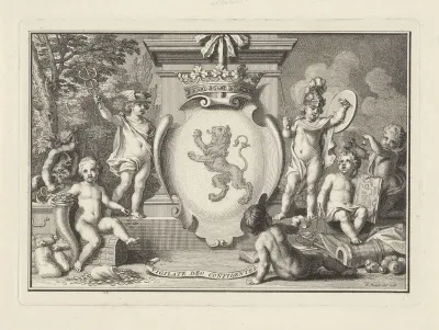 Wapen van de Verenigde Nederlanden omgeven door Mercurius en Minerva