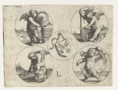 Wapen van Leiden en vier putti met wapentuig