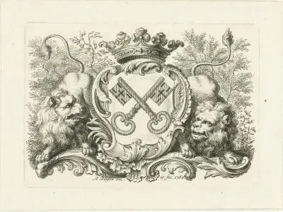 Wapen van stad Leiden in cartouche, met twee leeuwen