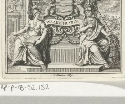 Wapenschild geflankeerd door allegorische figuren