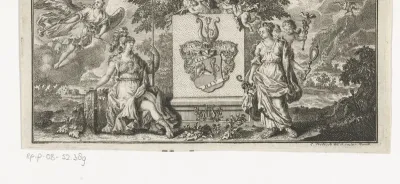 Wapenschild geflankeerd door Minerva en Prudentia