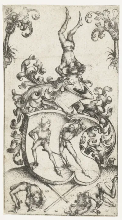 Wapenschild met acrobaten en zwaardvechters