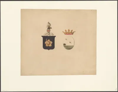 Wapenschild met bloem en een wapenschild met vliegende vogels