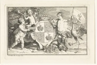 Wapenschild met daarnaast een vrouw met de vlag van de Zeeuwse kamer van de VOC