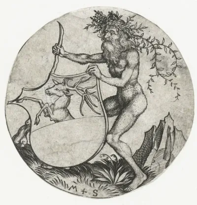 Wapenschild met een hert, vastgehouden door een wildeman met een knots