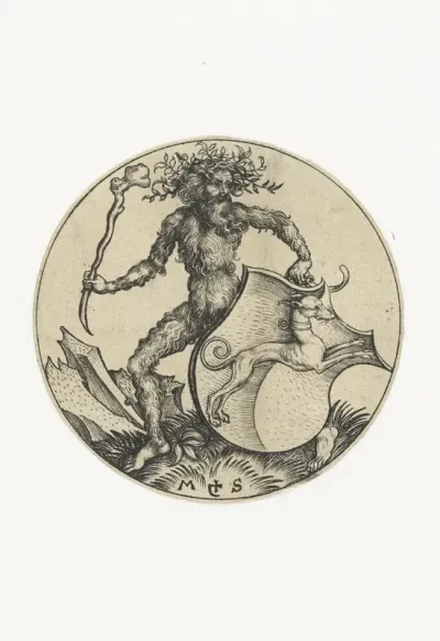 Wapenschild met een hond, vastgehouden door een wildeman met een knots