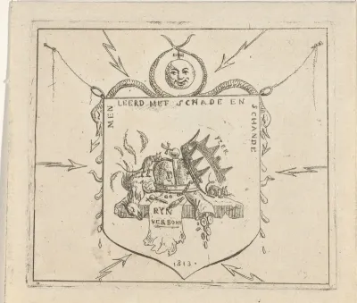 Wapenschild met gebroken kronen en een verscheurd vaandel van de Rijnbond