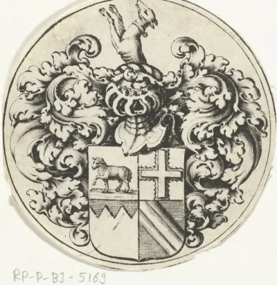 Wapenschild met helm en hond
