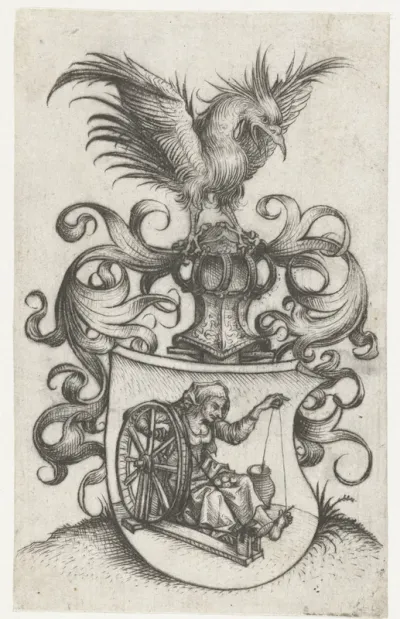 Wapenschild met oude twijnende vrouw