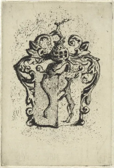 Wapenschild met slangachtige figuur en hert