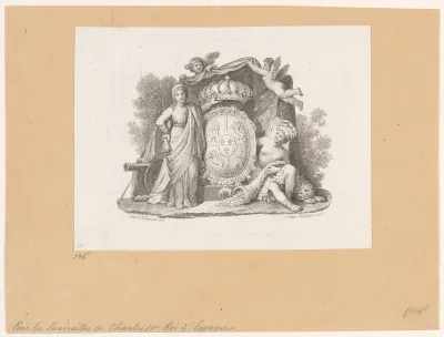 Wapenschild met twee allegorische figuren en putti