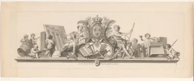 Wapenschild met twee figuren en putti met werktuigen