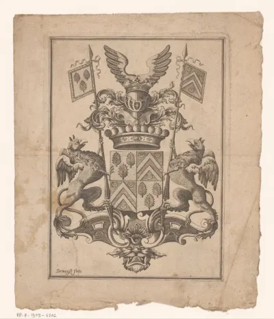 Wapenschild met twee griffioenen en een gevleugelde helm