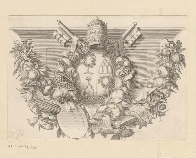 Wapenschild omringd door bloemen, fruit, schilderspalet en pauselijke tiara