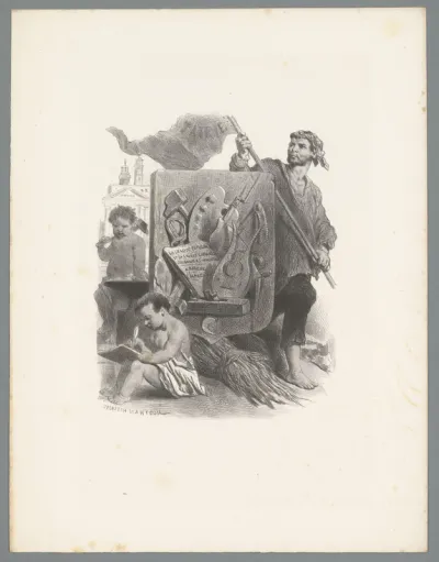 Wapenschild te midden van putto's en een man met vlag