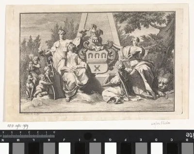 Wapenschild van familie Slicher, omringd door vier allegorische figuren