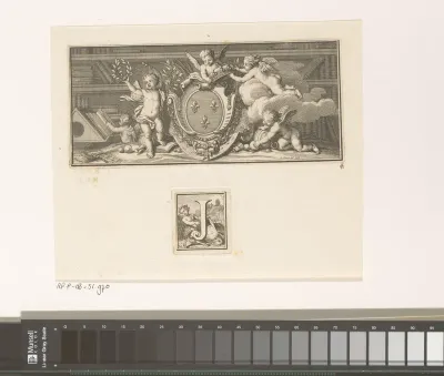 Wapenschild van koning Lodewijk XIV van Frankrijk en de letter J met op de achtergrond Pan