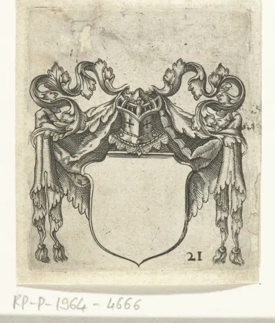 Wapensjabloon met helm en gordijn