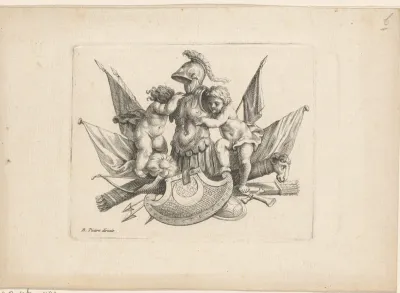 Wapentrofee met putti met borstkuras