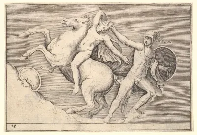 Warrior Pulling a Rider from His Horse, from "Ex Antiquis Cameorum et Gemmae Delineata/ Liber Secundus/et ab Enea Vico Parmen Incis"