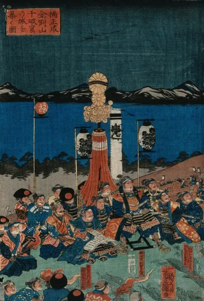Warriors in a night conference with sea and mountains behind