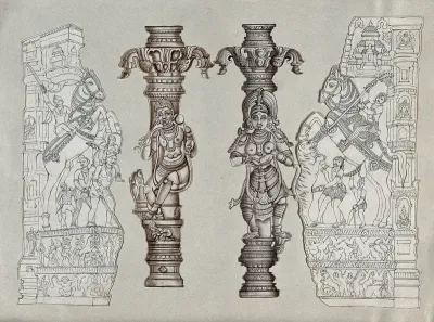 Warriors on horses on either side of images of a god and goddess