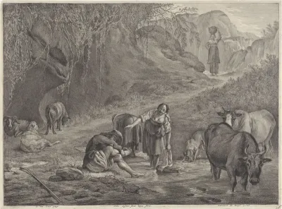 Wasvrouwen en een herder aan de waterkant