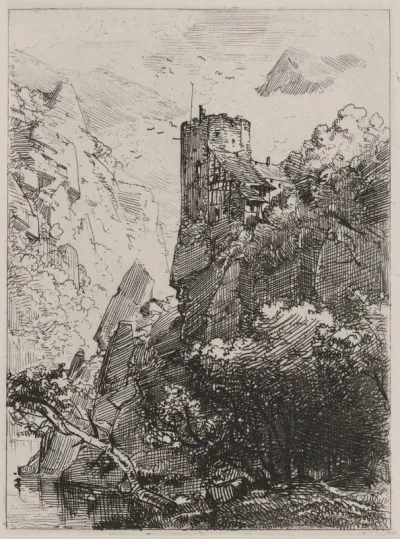 Watchtower on a Cliff with a Stream