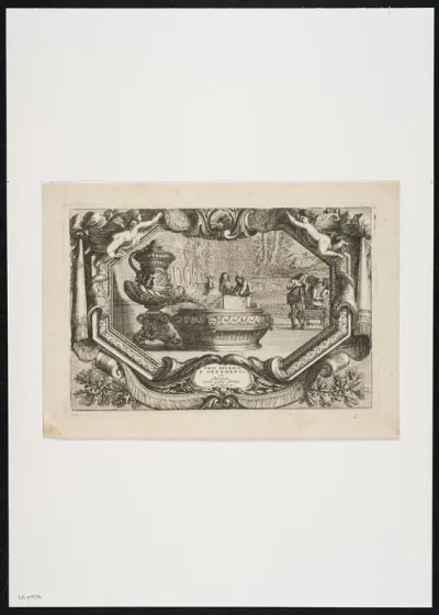 Water fountain and basin in interior, in a frame of putti and canopies (1)