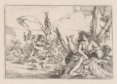 Water, represented by a naiad seated at the base of a tree and resting her arm on a supine urn from which water flows, behind her a triton and other inhabitants of the sea rise from the water surface, from "The Elements"