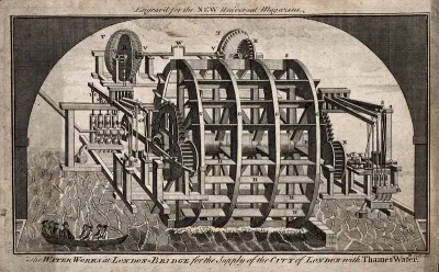 Water-wheel at London Bridge, for supplying water from the Thames to the City of London