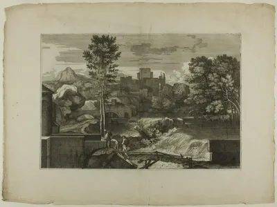 Waterfall at a Stone Bridge, with Castle in the Distance